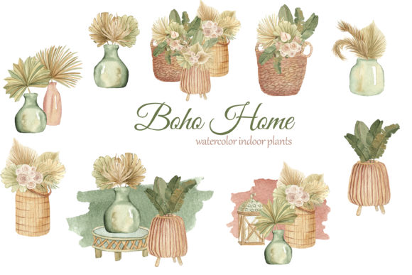 Boho Indoor Plants Watercolor Clipart and Illustrations