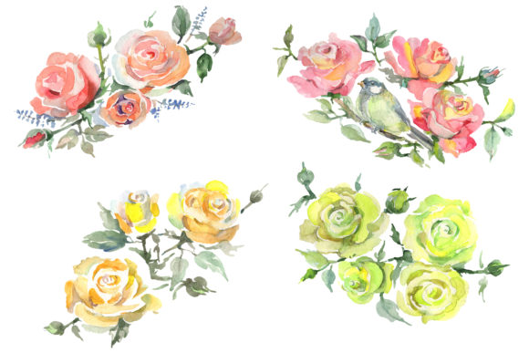 Bouquet with Roses Romance Watercolor PNG & Illustrations