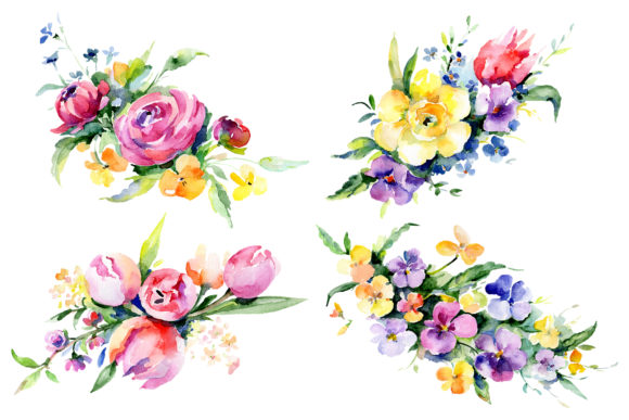 Bouquets with Violas, Roses Watercolor PNG