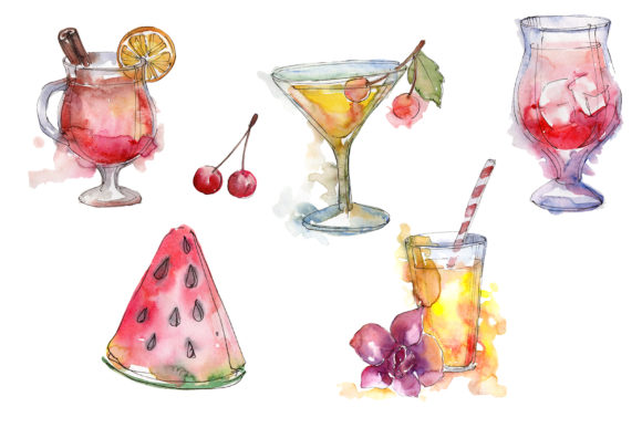 Cocktail Fruit Manito Watercolor Illustrations