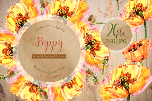 Cool Yellow Poppies Watercolor Set and Illustrations