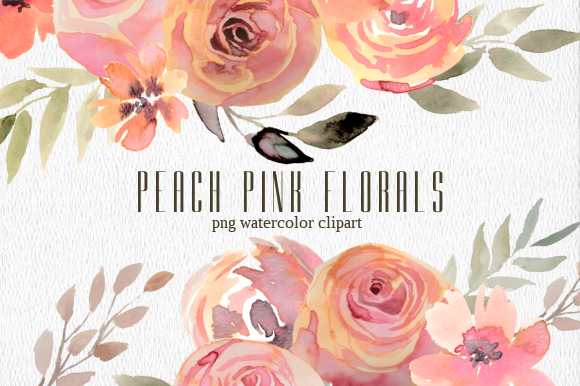 Peach Pink Floral Watercolor Clipart Set and Illustrations