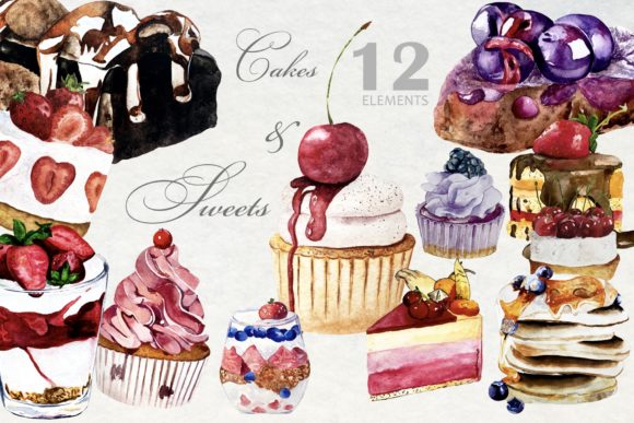 Watercolor Bakery, Cupcake and Pancakes