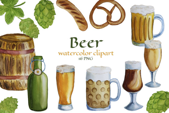 Watercolor Beer Clipart. Beer Mugs