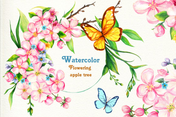 Watercolor Flowering Apple Tree Big Set