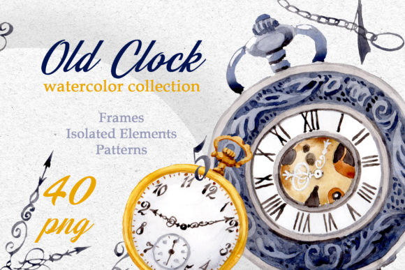 Watercolor OLD CLOCK PNG Set and Illustrations